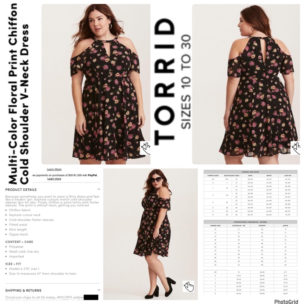 Torrid 14 plus size floral cold shoulder chiffon dress